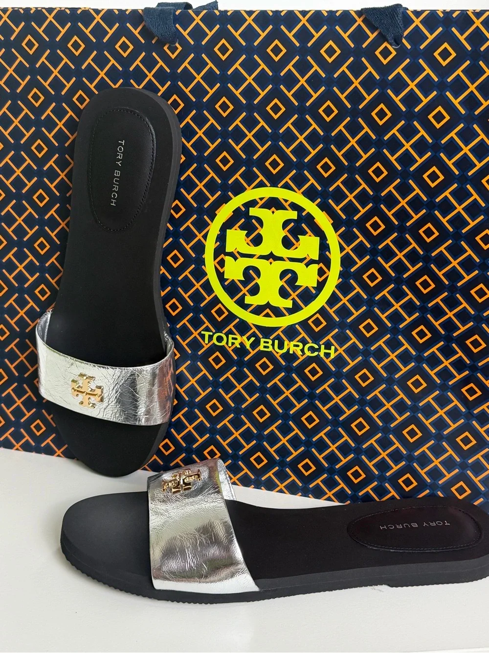 Tory Burch Silver Metallic Logo Slide Sandals
